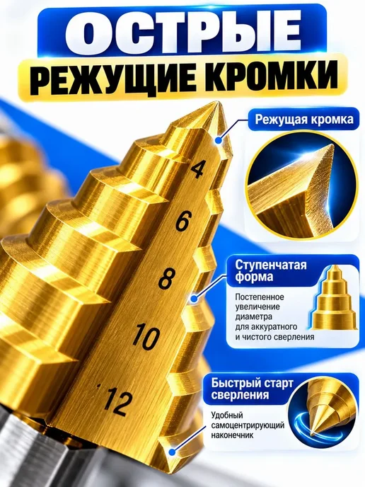 Набор ступенчатых сверл по металлу 3 шт, 4-12, 4-20, 4-32, 3 шт, фото 7