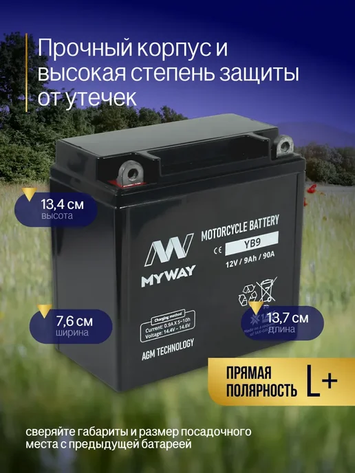 Аккумулятор для мотоцикла 12в 9 Ah 90 A полярность YB9 акб, вариант, фото 3
