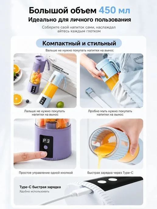 Портативный блендер синий, синий, фото 3