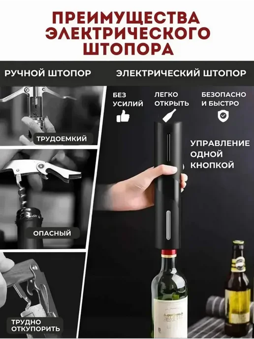 Электрический штопор 4 в 1 на батарейках, черный, фото 4