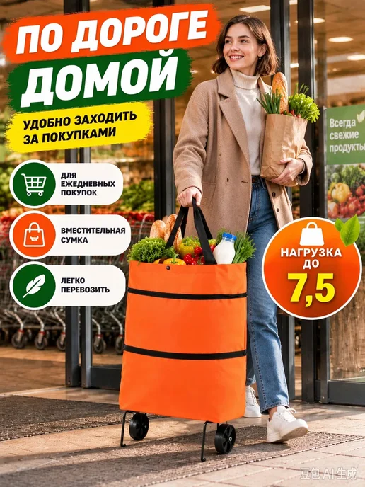 Сумка-тележка хозяйственная на усиленных колесах, оранжевый