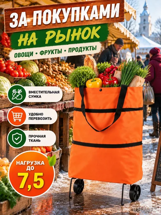 сумка на колесах хозяйственная, оранжевый