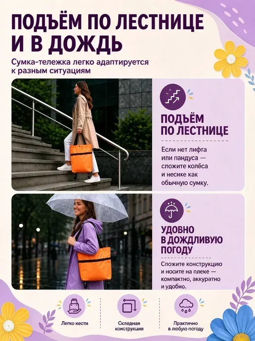 Сумка-тележка хозяйственная на усиленных колесах, оранжевый, фото 3