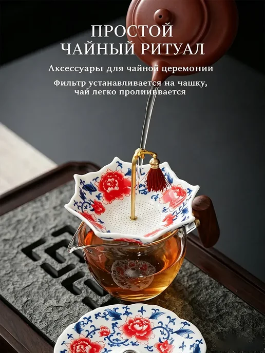 Фарфоровое ситечко для чая, сине-белый зонт, белый, фото 2