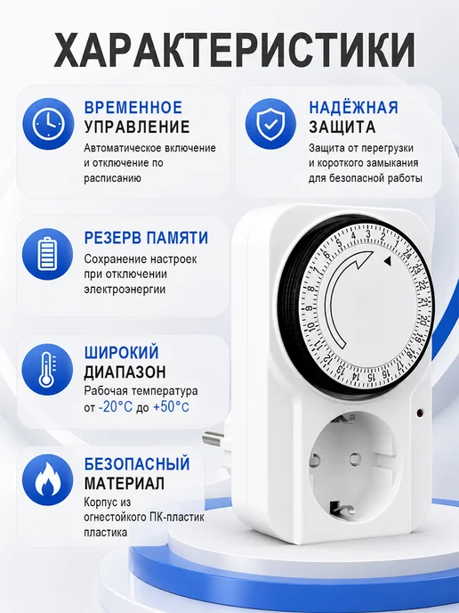 Умная розетка с таймером механическим,3680Вт, 96 вкл.выкл. в, 3680 Вт, фото 4