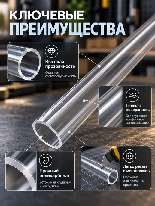 Профильная трубка из поликарбоната, прозрачная, 25×500 мм, 25x500 мм, фото 2