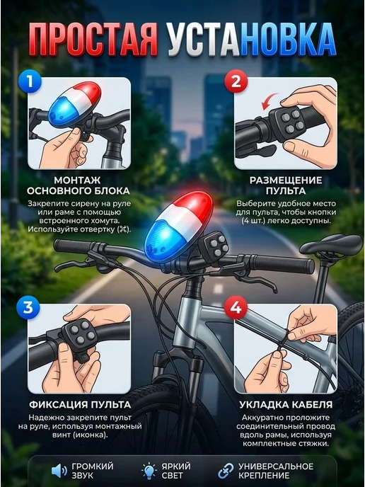 Велосипедный звонок с функцией сирены, фиолетовый, фото 4