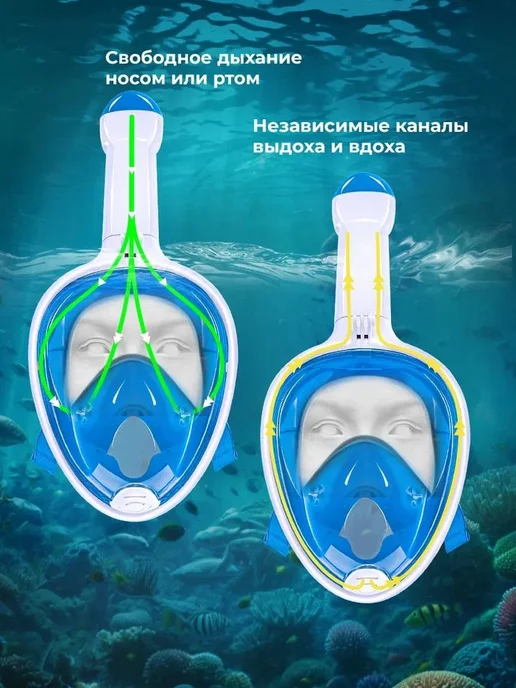 Маска для плавания и снорклинга с трубкой, голубой, фото 4