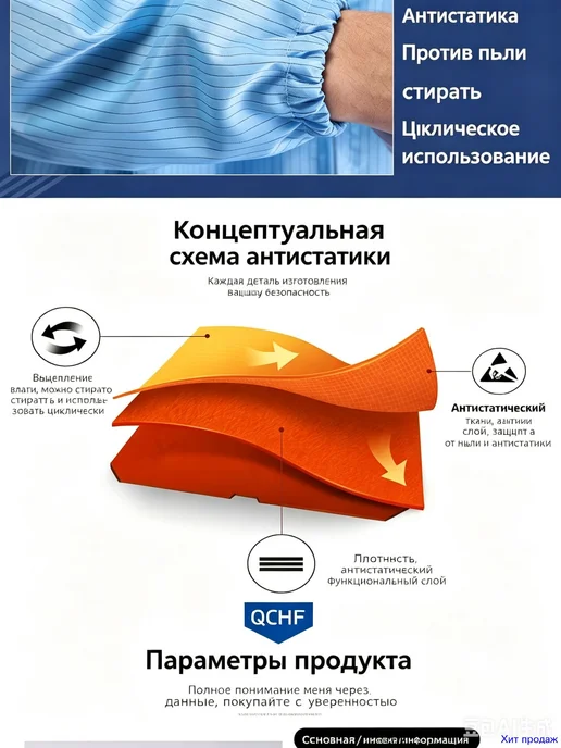 Халат рабочий антистатический темно-голубой, голубой, фото 5