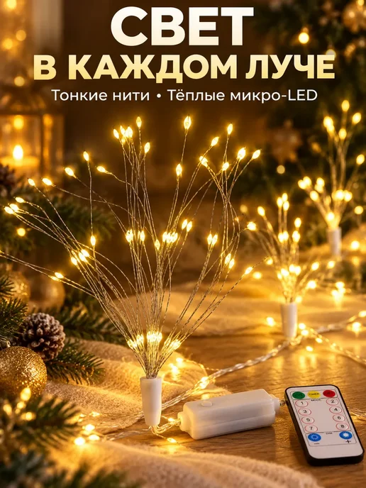 Лунерис 2 Новогодняя гирлянда на окно фейерверк, тёплый свет, вариант, фото 3
