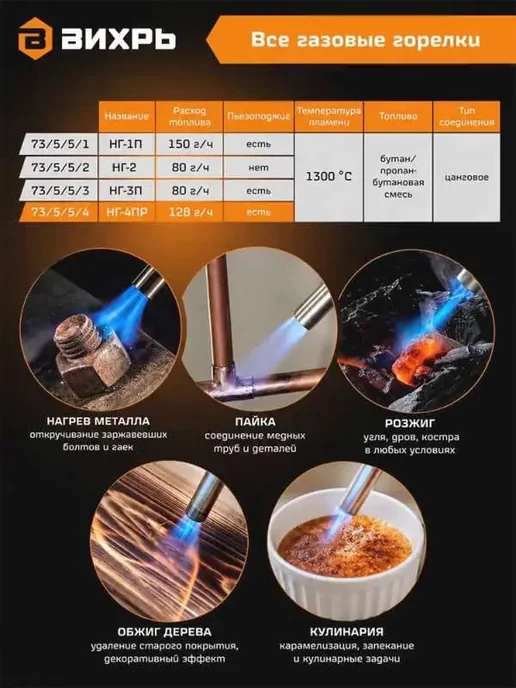 Газовая горелка туристическая с пьезоподжигом ВИХРЬ НГ-4ПР, вариант, фото 6