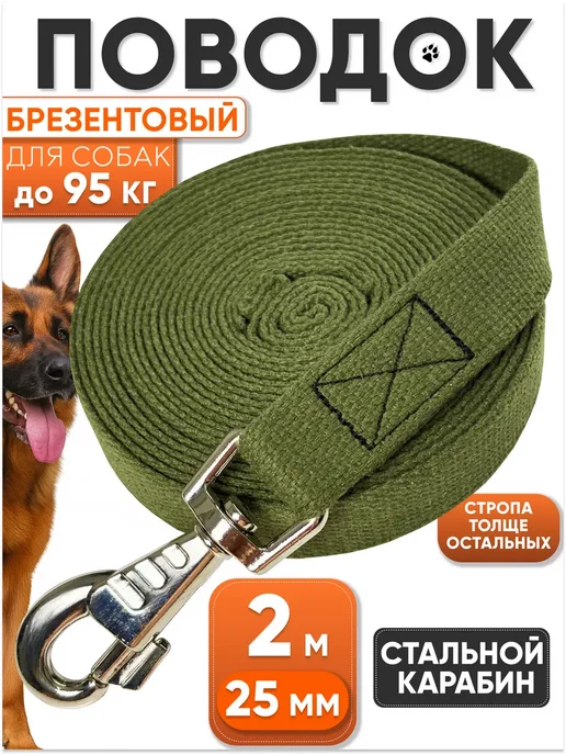 Поводок для собак брезентовый 2 м х 25 мм усиленный хаки 